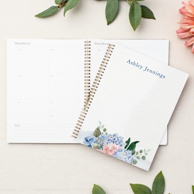 Blue Hydrangea & Blush Floral Personalized Planner (Blue and blush watercolor floral personalized planner cover design)