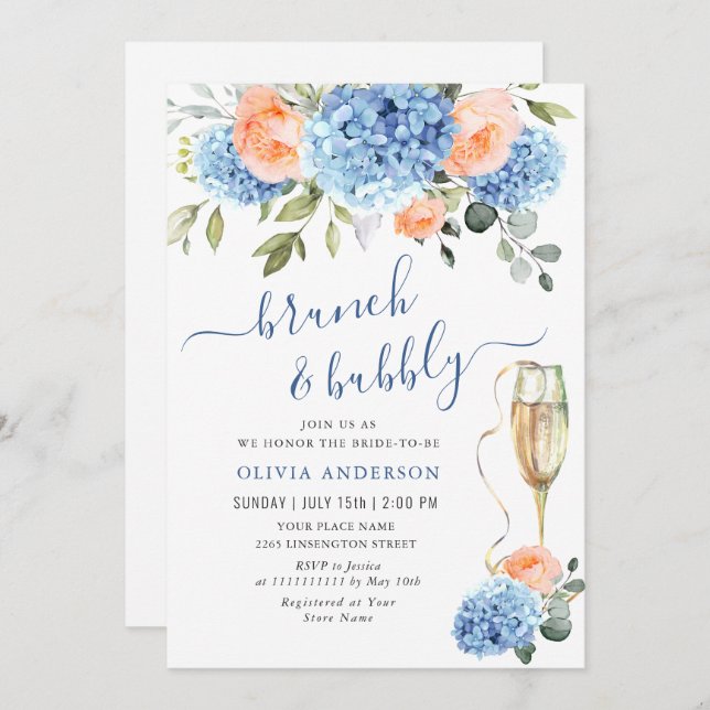 Blue Hydrangea Blush Pink Roses BRIDAL SHOWER Invitation (Front/Back)