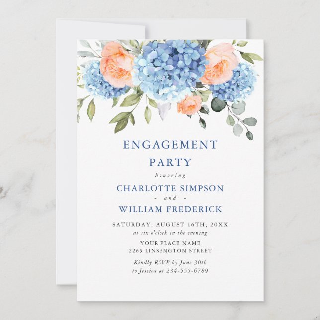 Blue Hydrangea Blush Pink Roses ENGAGEMENT PARTY Invitation (Front)
