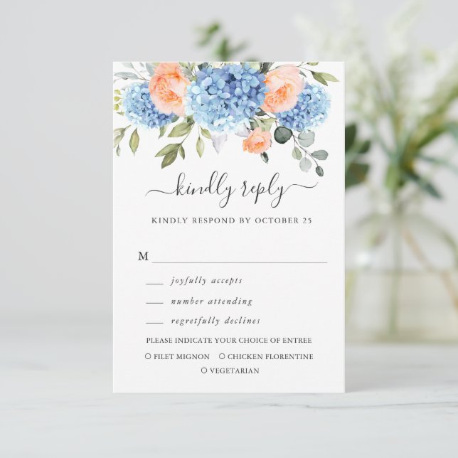 Blue Hydrangea Blush Pink Roses Flowers Wedding RSVP Card (Standing Front)