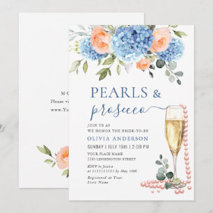 Blue Hydrangea Blush Pink Roses PEARLS & Prosecco Invitation