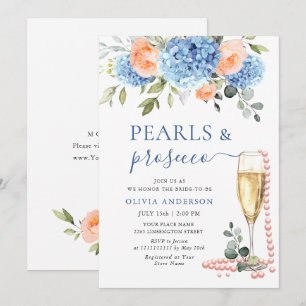 Blue Hydrangea Blush Pink Roses PEARLS & Prosecco Invitation