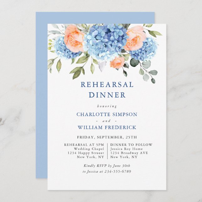 Blue Hydrangea Blush Pink Roses Rehearsal Dinner Invitation (Front/Back)