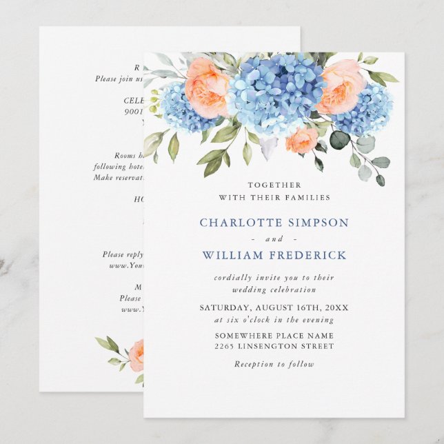 Blue Hydrangea Blush Pink Roses Wedding All In One Invitation (Front/Back)