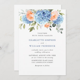 Blue Hydrangea Blush Pink Roses Wedding All In One Invitation
