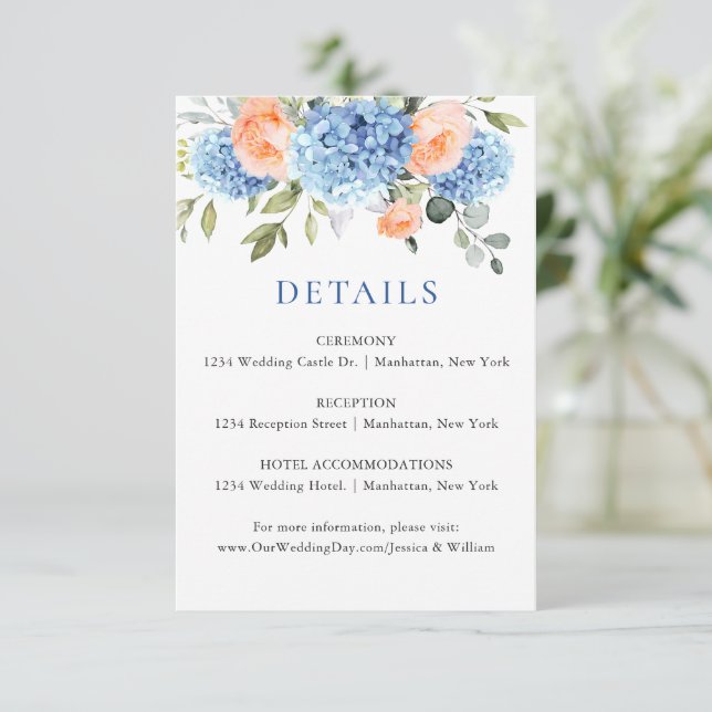 Blue Hydrangea Blush Pink Roses Wedding Details Enclosure Card (Standing Front)