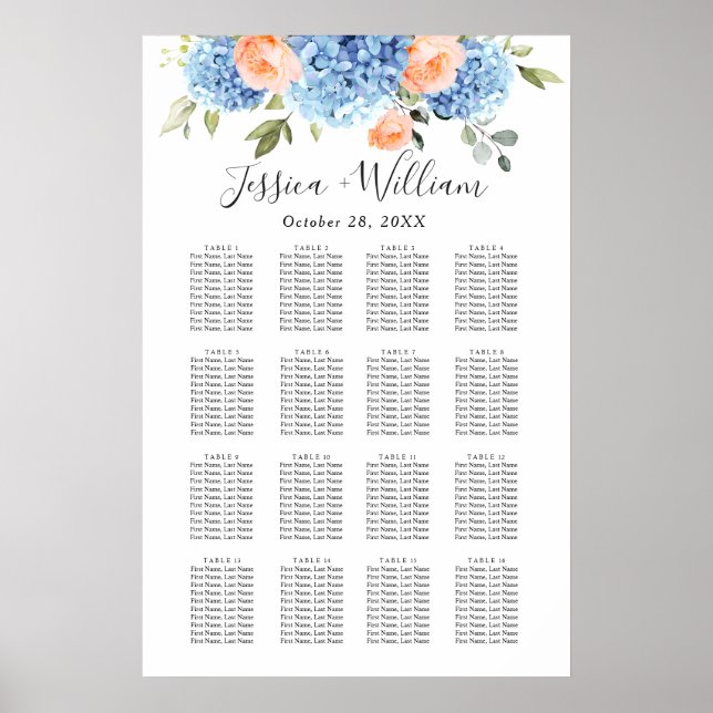 Blue Hydrangea Blush Rose 16 Tables SEATING CHART (Front)