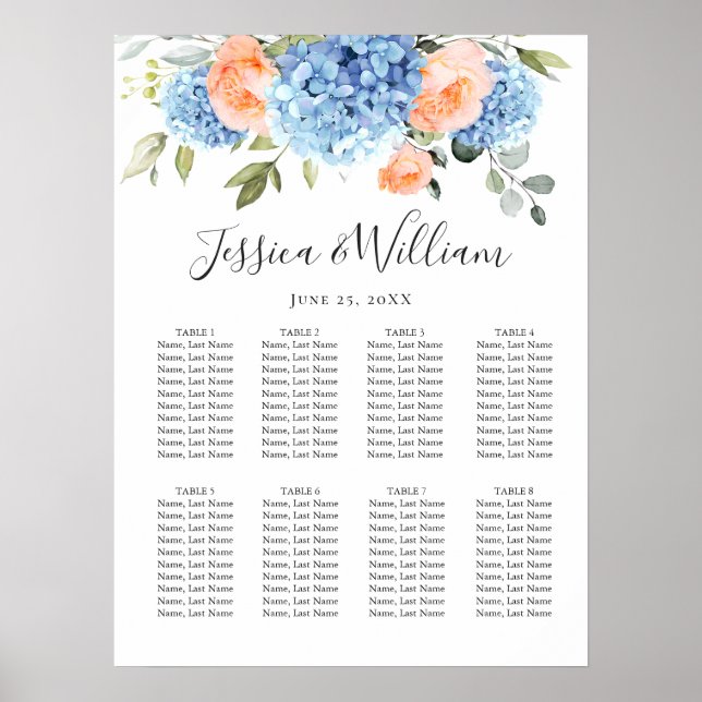 Blue Hydrangea Blush Rose 8 Tables SEATING CHART (Front)