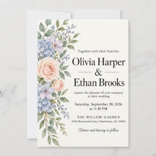 Blue Hydrangea Blush Rose Wedding Invitation