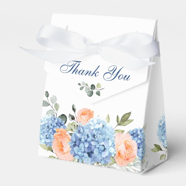 Blue Hydrangea Blush Roses Eucalyptus Gift Wedding Favor Box (Front Side)