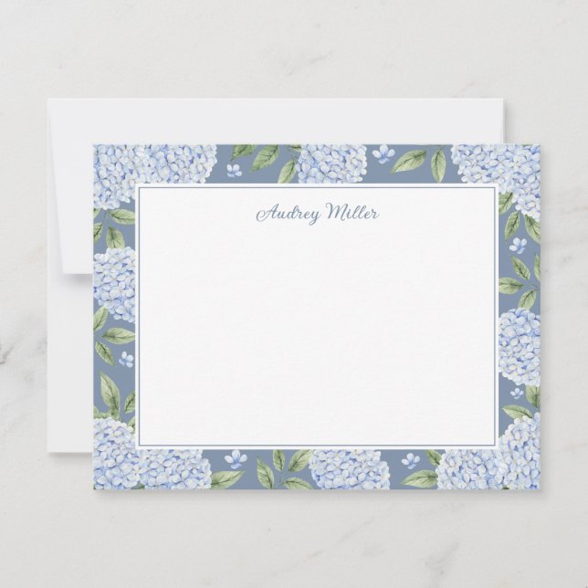 Blue Hydrangea Border Dusty Blue Personalized Card (Front)