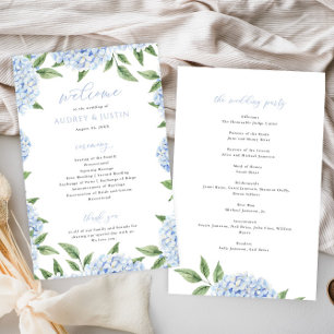 Blue Hydrangea Border Folded Wedding Paper Program