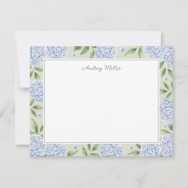 Blue Hydrangea Border Green Personalized Card (Front)