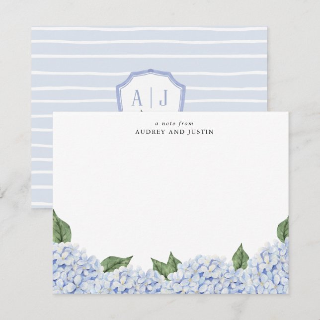 Blue Hydrangea Border w/Crest, Personalized Card (Front/Back)