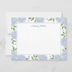 Blue Hydrangea Border White Personalized Card
