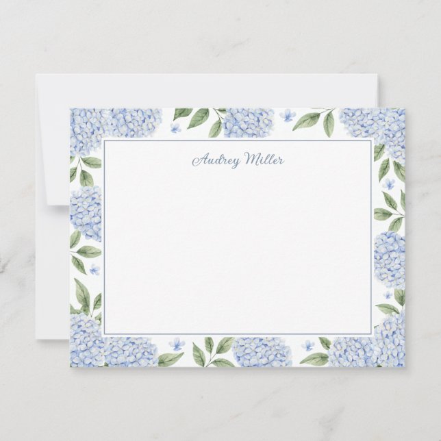 Blue Hydrangea Border White Personalized Card (Front)