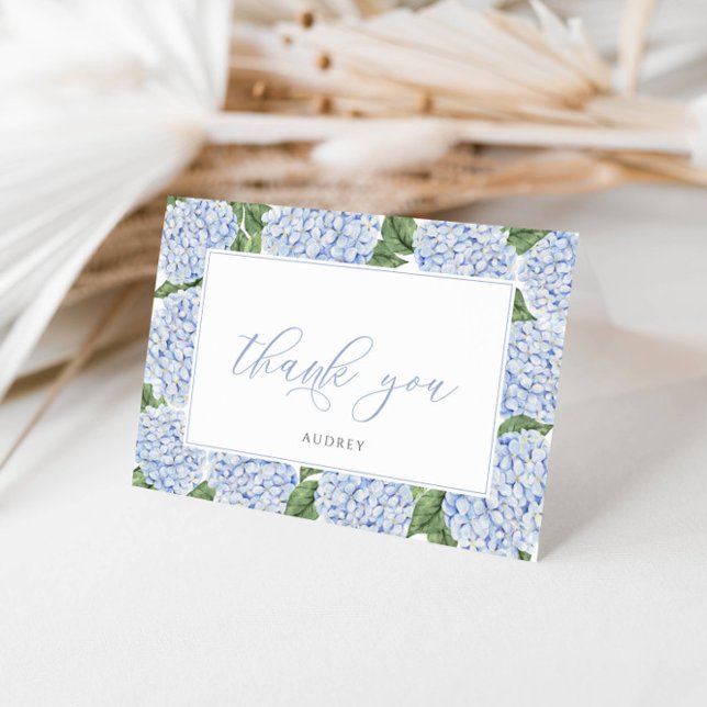 Blue Hydrangea Bordered Personalized Script Thank You Card (Creator Uploaded)