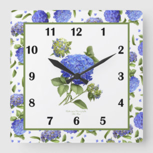 Blue Hydrangea Botanical Art Square Wall Clock