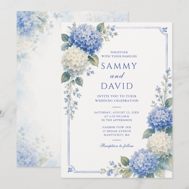 Blue Hydrangea Botanical Wedding Invitation (Front/Back)