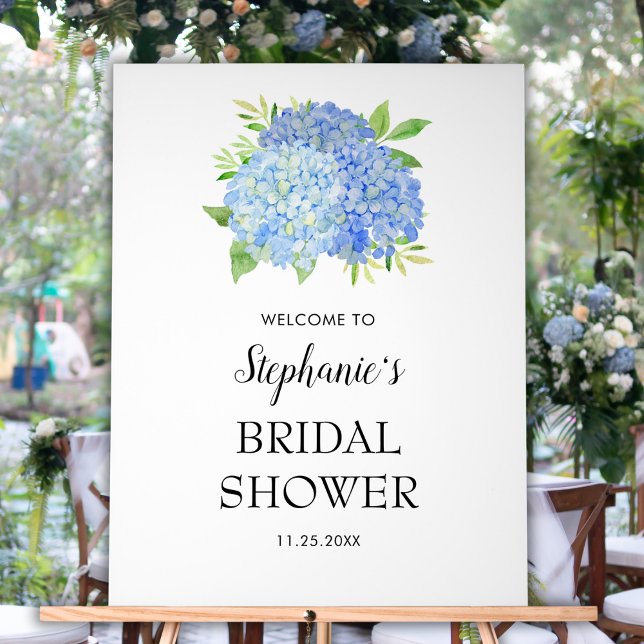 Blue Hydrangea Bouquet Bridal Shower Welcome Acrylic Sign (Creator Uploaded)