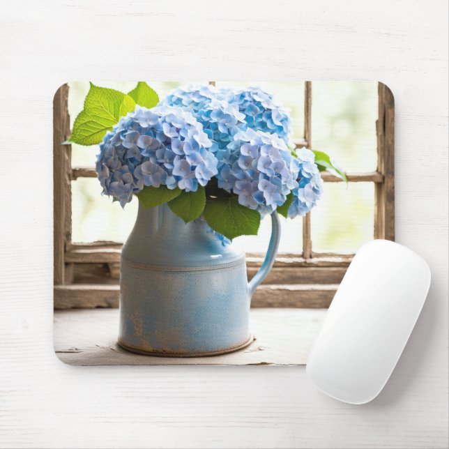 Blue Hydrangea Bouquet In Window Mouse Pad (With Mouse)