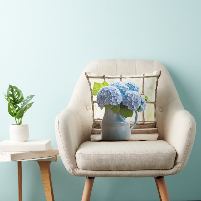 Blue Hydrangea Bouquet In Window Throw Pillow (Chair)