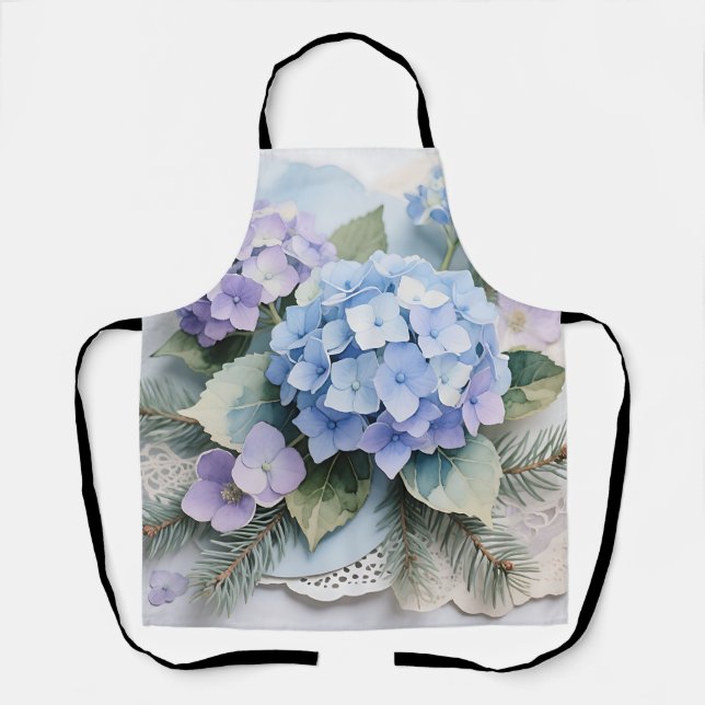 Blue Hydrangea Bouquet Watercolor Serenity Apron (Front)