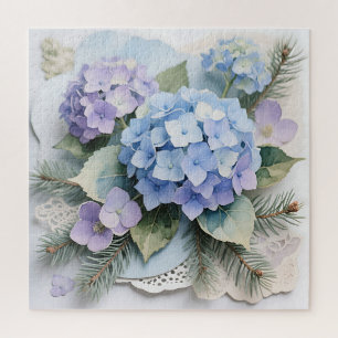 Blue Hydrangea Bouquet Watercolor Serenity Jigsaw Puzzle
