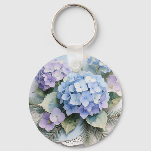 Blue Hydrangea Bouquet Watercolor Serenity Keychain