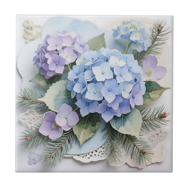 Blue Hydrangea Bouquet Watercolor Serenity Tile (Front)