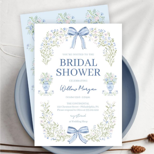 Blue Hydrangea Bow Bridal Shower Invitation (Créateur téléchargé)