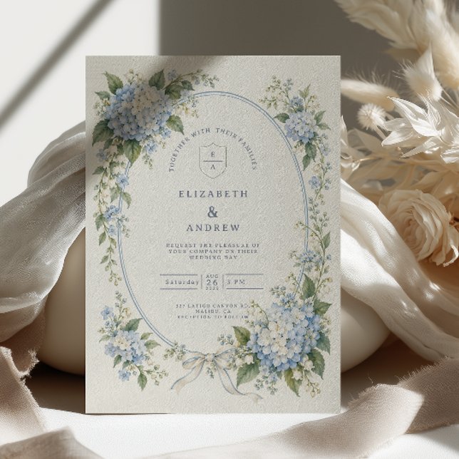 Blue Hydrangea Bow Wedding Invitation (Creator Uploaded)