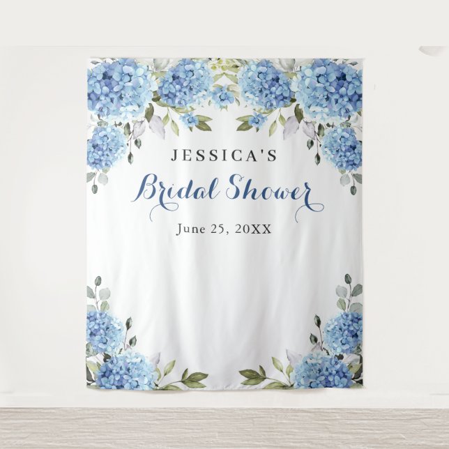 Blue Hydrangea Bridal Shower Photo Backdrop Tapestry (Front)