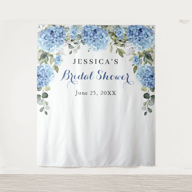 Blue Hydrangea Bridal Shower Photo Backdrop Tapestry (Front)