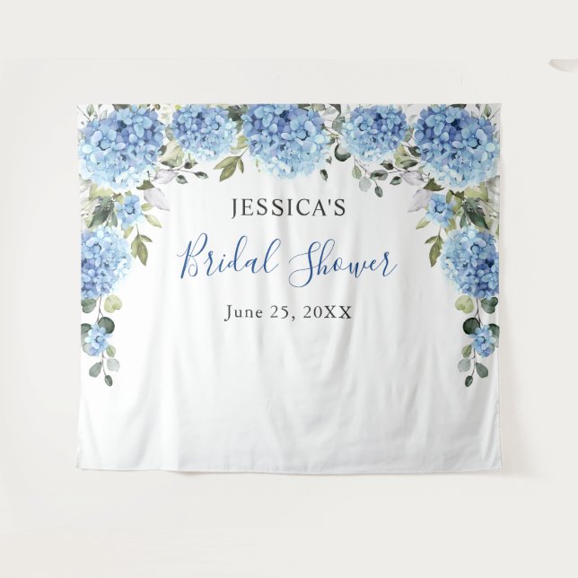 Blue Hydrangea Bridal Shower Photo Backdrop Tapestry (Front (Horizontal))
