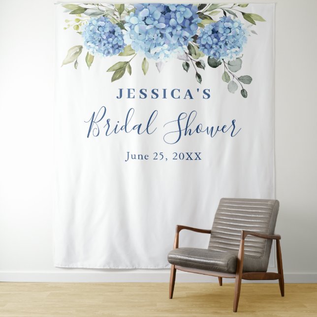 Blue Hydrangea Bridal Shower Photo Backdrop Tapestry (In Situ)