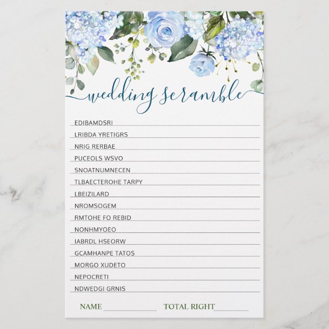 Blue Hydrangea Bridal Shower Scramble Game (Front)