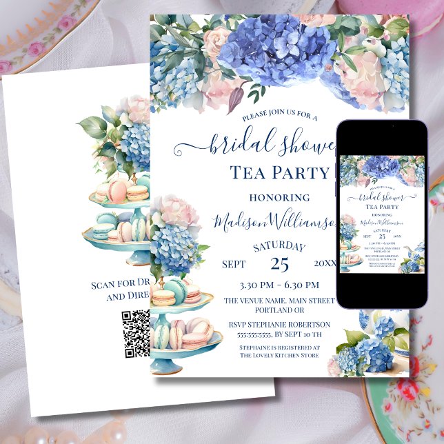 Blue Hydrangea Bridal Shower Tea Party QR code Invitation (Creator Uploaded)
