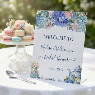 Blue Hydrangea Bridal Shower Tea Welcome Pedestal Sign