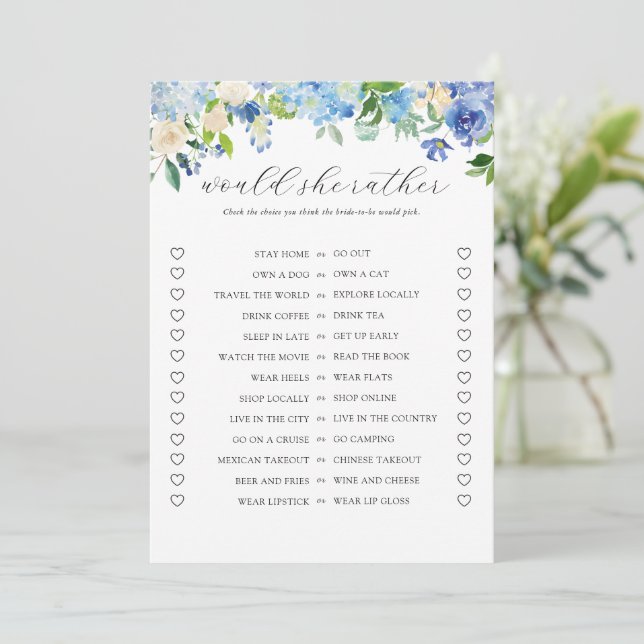 Blue Hydrangea Bridal Shower Would She Rather Game Invitation (Standing Front)