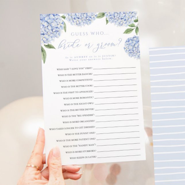 Blue Hydrangea Bride or Groom Paper Game Card (Creator Uploaded)