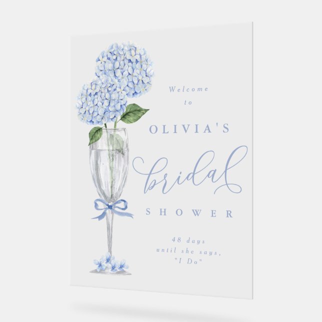 Blue Hydrangea & Champagne Silver Shower Welcome Acrylic Sign (Angle)