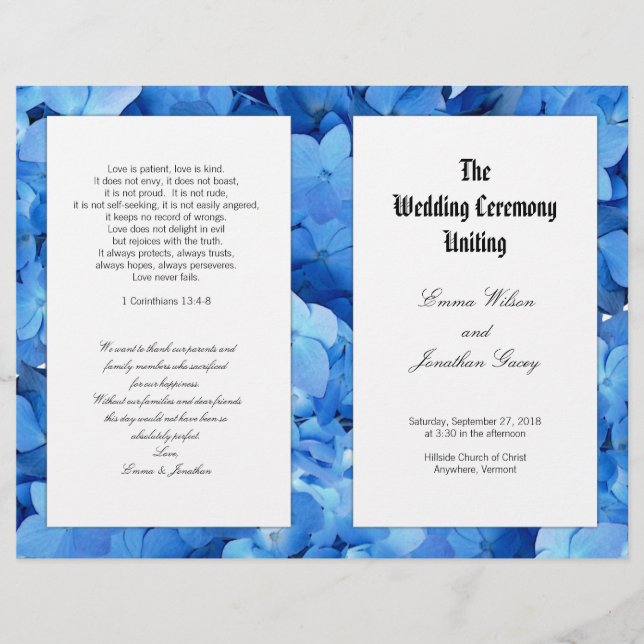 Blue Hydrangea Christian Catholic Wedding Program (Front)