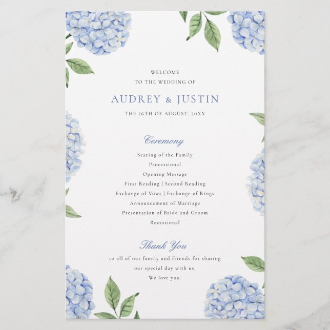 Blue Hydrangea Classic Wedding Paper Program (Front)