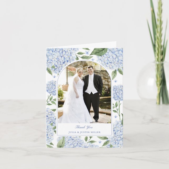 Blue Hydrangea Classic Wedding Photo Thank You Card (Front)