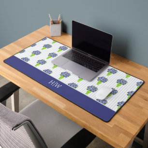 Blue Hydrangea Coastal Floral Vase Monogram Desk Mat