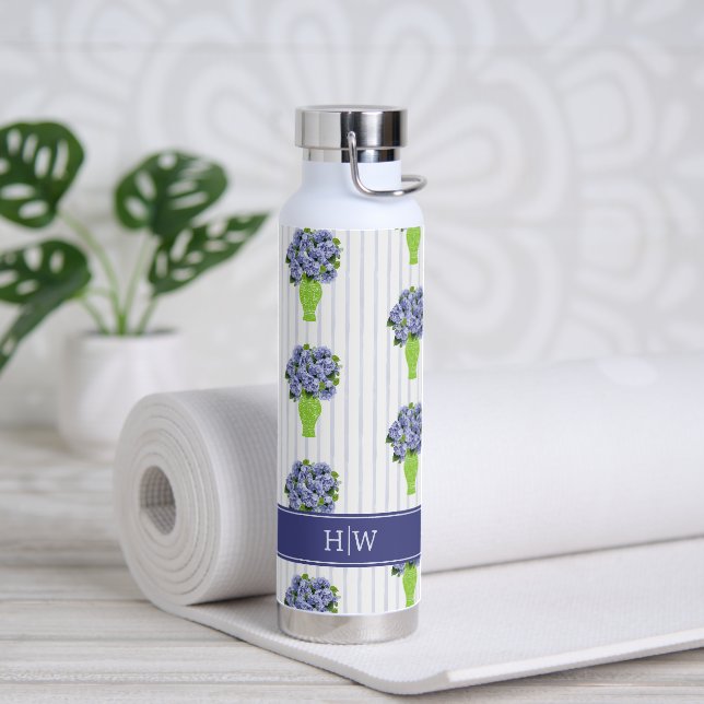 Blue Hydrangea Coastal Floral Vase Monogram Water Bottle (Yoga)