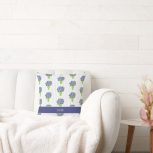 Blue Hydrangea Coastal Green Vase Stripe Monogram  Throw Pillow