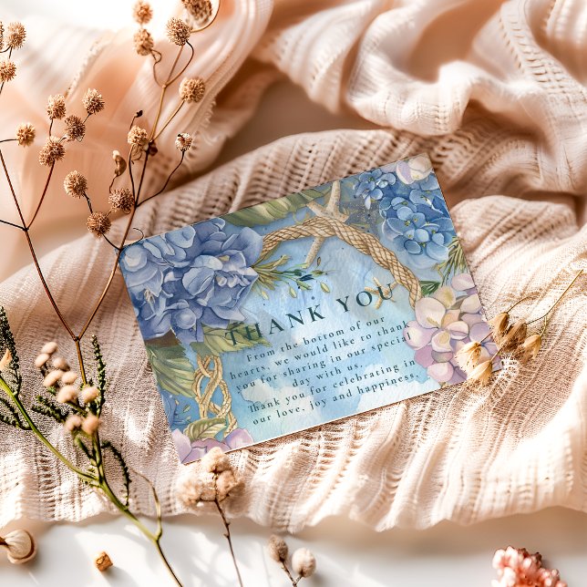Blue Hydrangea Coastal Rope Wedding Thank You Card (Creator Uploaded)