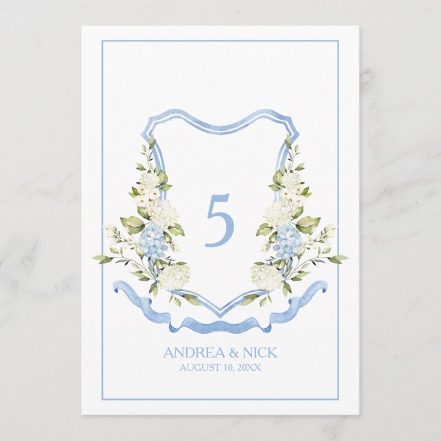 Blue Hydrangea Crest Monogram Card (Front)